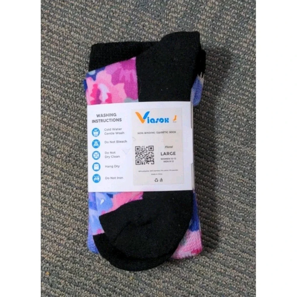 Viasox‎ Easystretch Socks Size Large Floral Print Non-Binding Diabetic